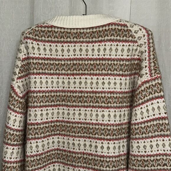 AE Whoa So Soft Fair Isle Crewneck Relaxed Knit Cream Tan Red Preppy Sweater - Picture 12 of 16